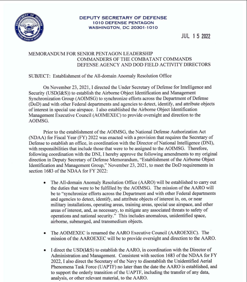 Cover page of the All-Domain Anomaly Resolution Office founding memorandum, July 2022