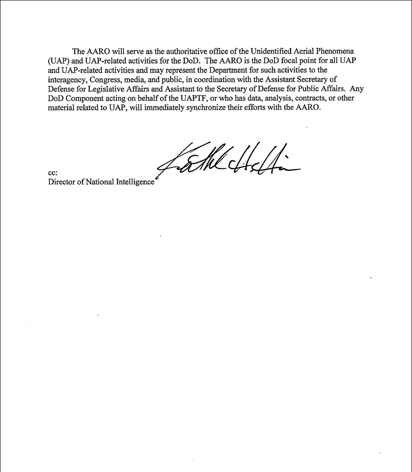 Second page of the AARO founding memorandum