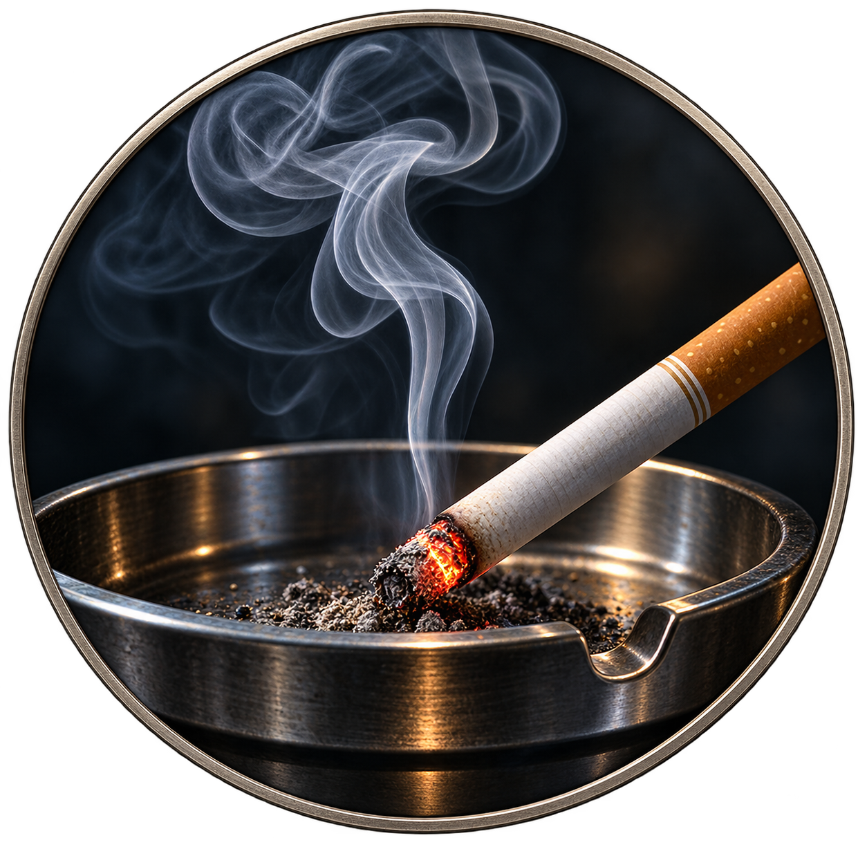Lit cigarette in an ashtray with rising smoke, representing the tobacco cases