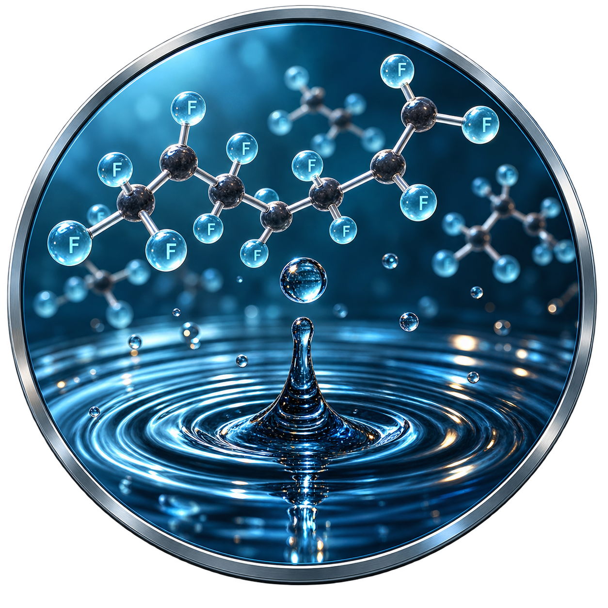 Fluorinated molecule over rippled water, representing PFAS contamination