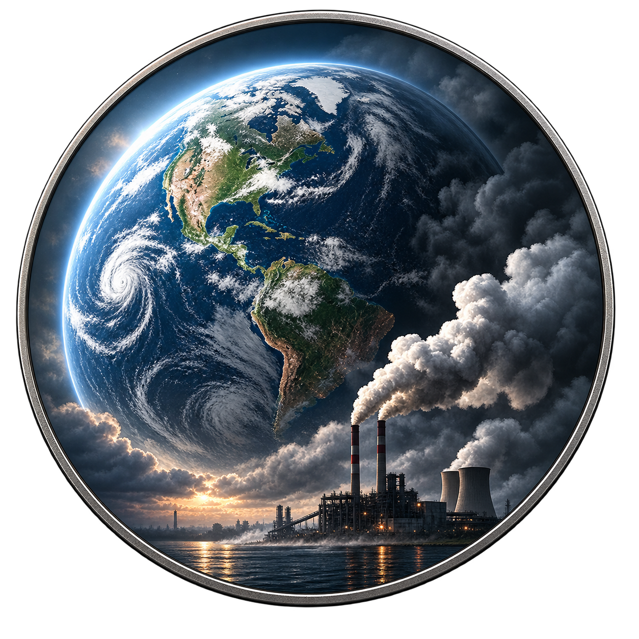 Earth over industrial smokestacks, representing the climate doubt campaign