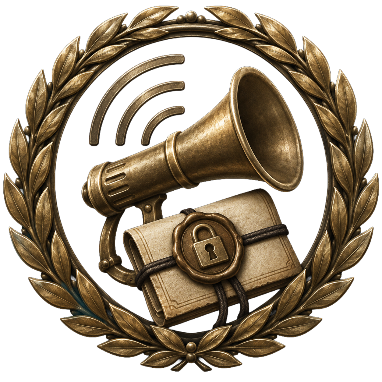 Bronze megaphone, sealed document, and padlock wreath representing narrative control