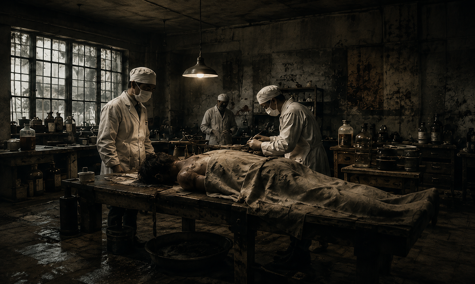 Dim laboratory photograph of masked figures in white coats around a table, representing Unit 731
